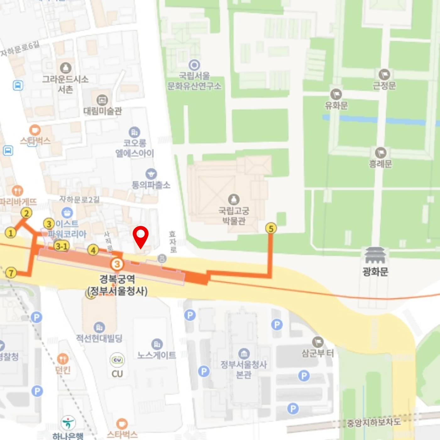 경복궁역 4번 출구와 광화문 사이, 사직로 137에 위치한 원데이한복 안내 지도
